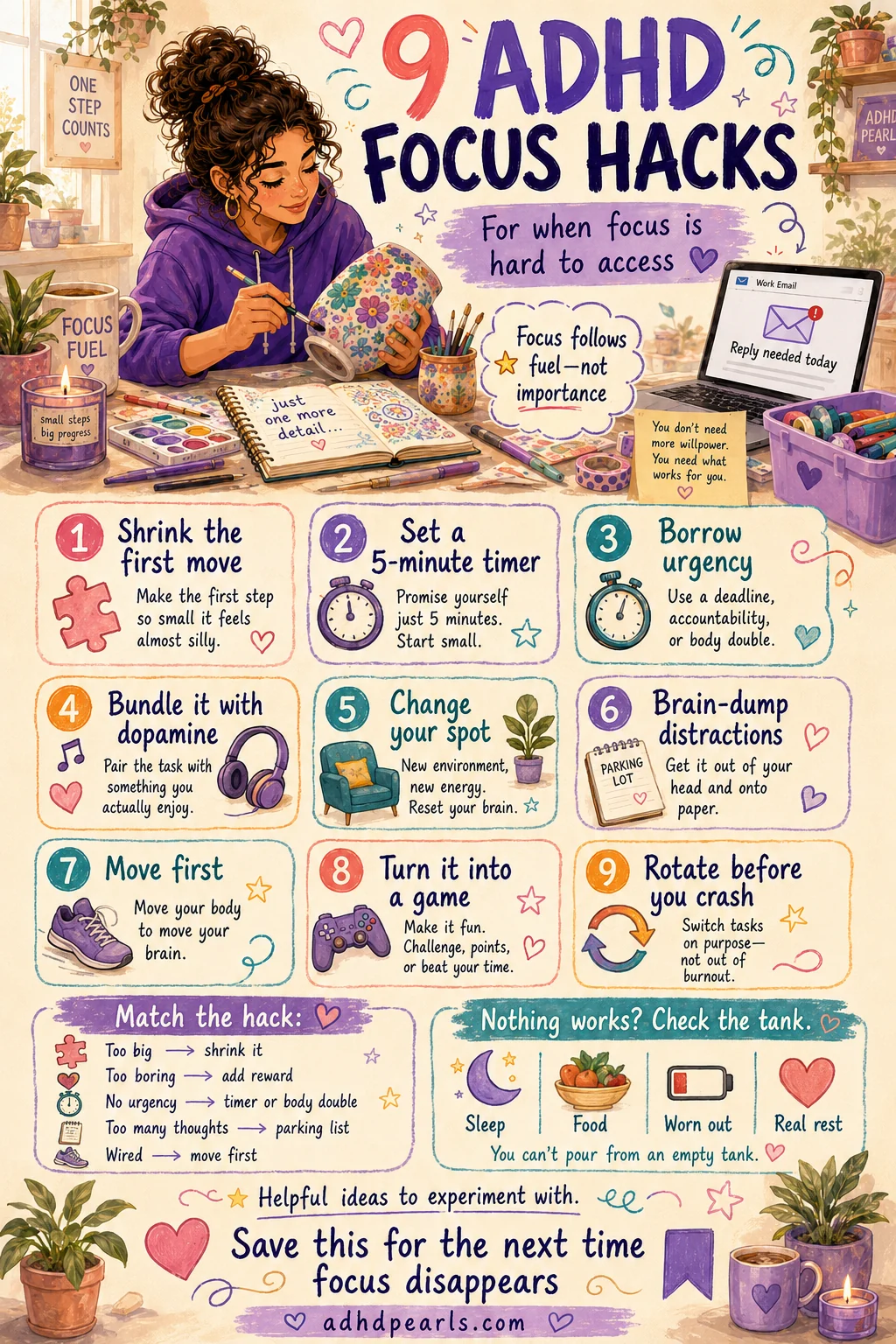 Vertical Pinterest guide listing nine ADHD focus hacks: shrink the first move, five-minute timer, borrow urgency, bundle with dopamine, change your spot, brain-dump distractions, move first, gamify it and rotate before you crash.