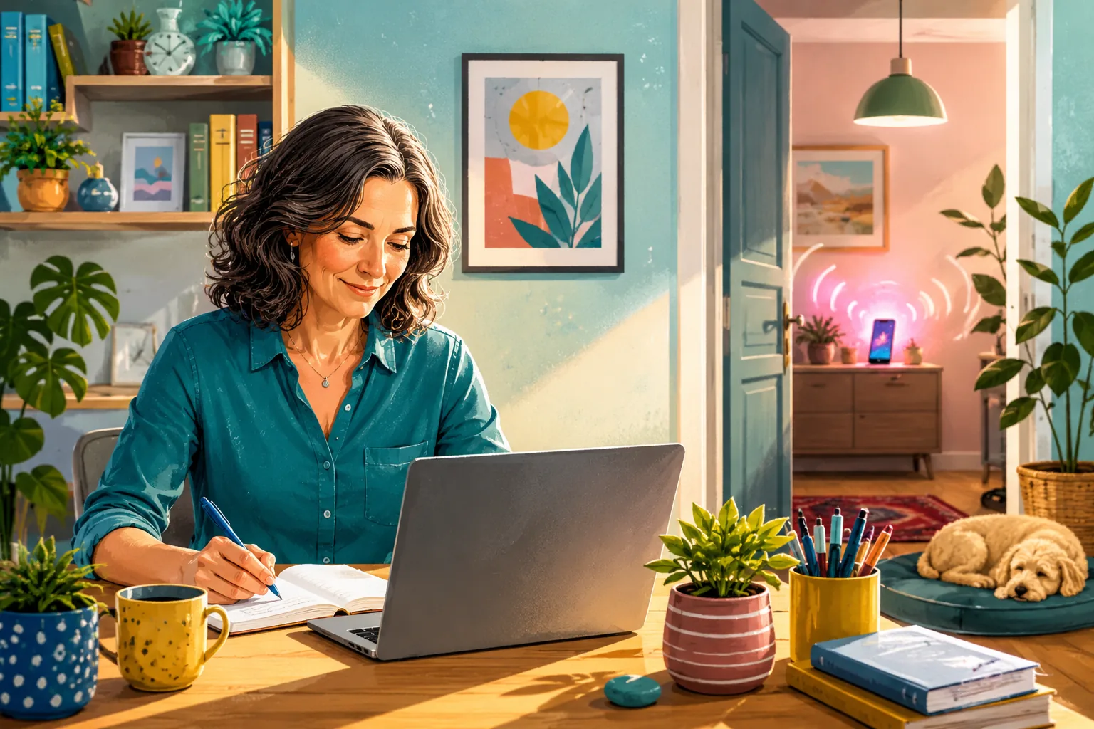 Woman focusing at her desk while her distracting phone stays in another room