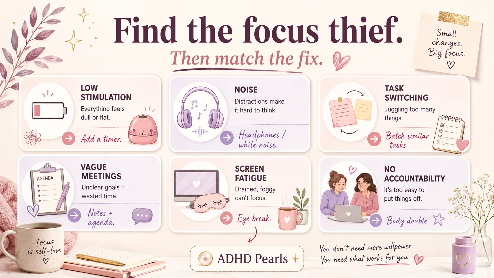 ADHD work focus infographic showing common focus thieves like low stimulation, noise, task switching, vague meetings, screen fatigue, and lack of accountability, with matching fixes.
