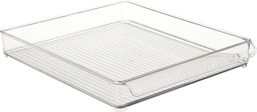 Single clear open fridge tray with a handle, used to mark one eat-first shelf.