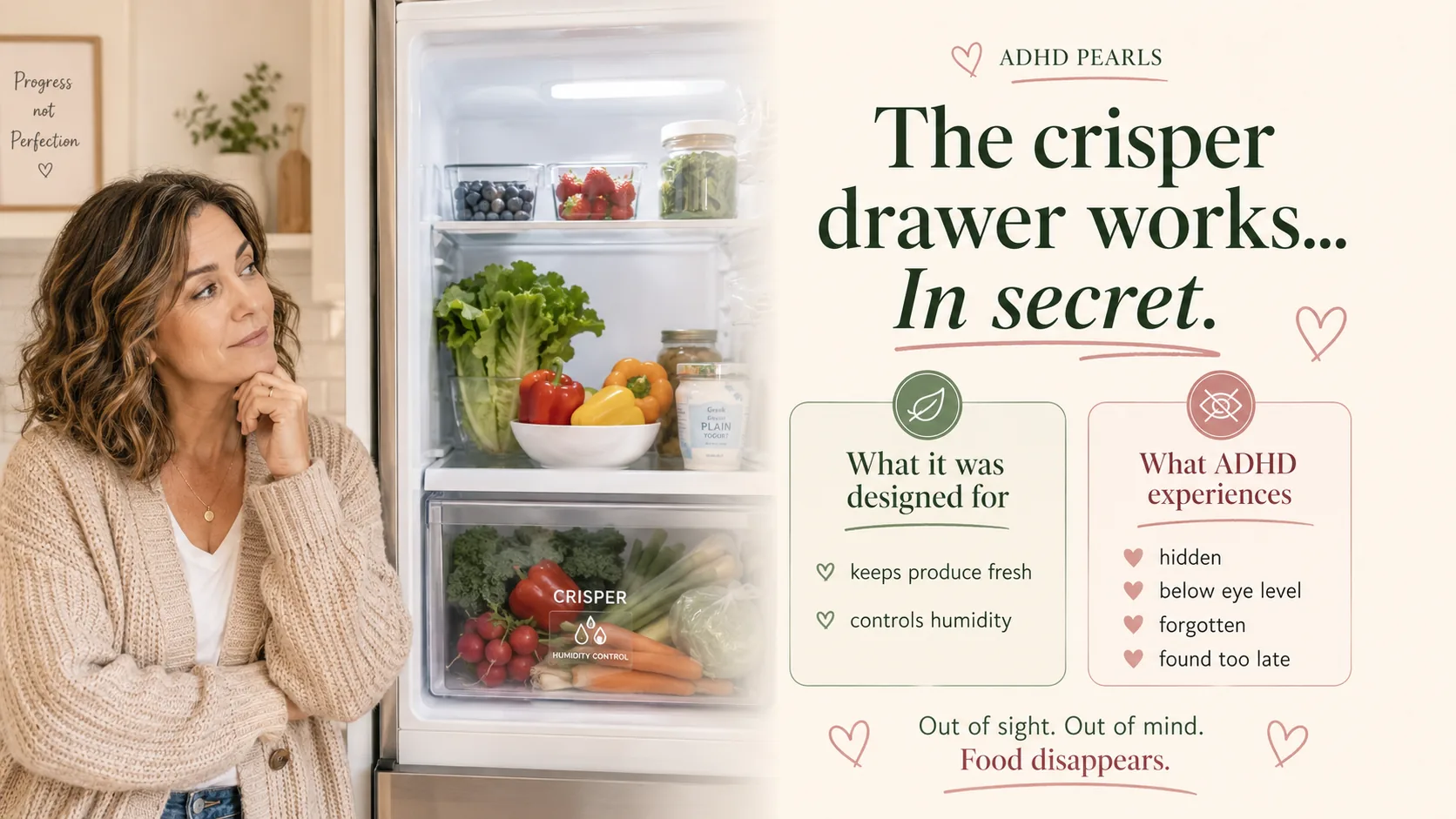 ADHD fridge infographic explaining how the crisper drawer keeps produce fresh but can also hide food below eye level until it is forgotten and found too late.