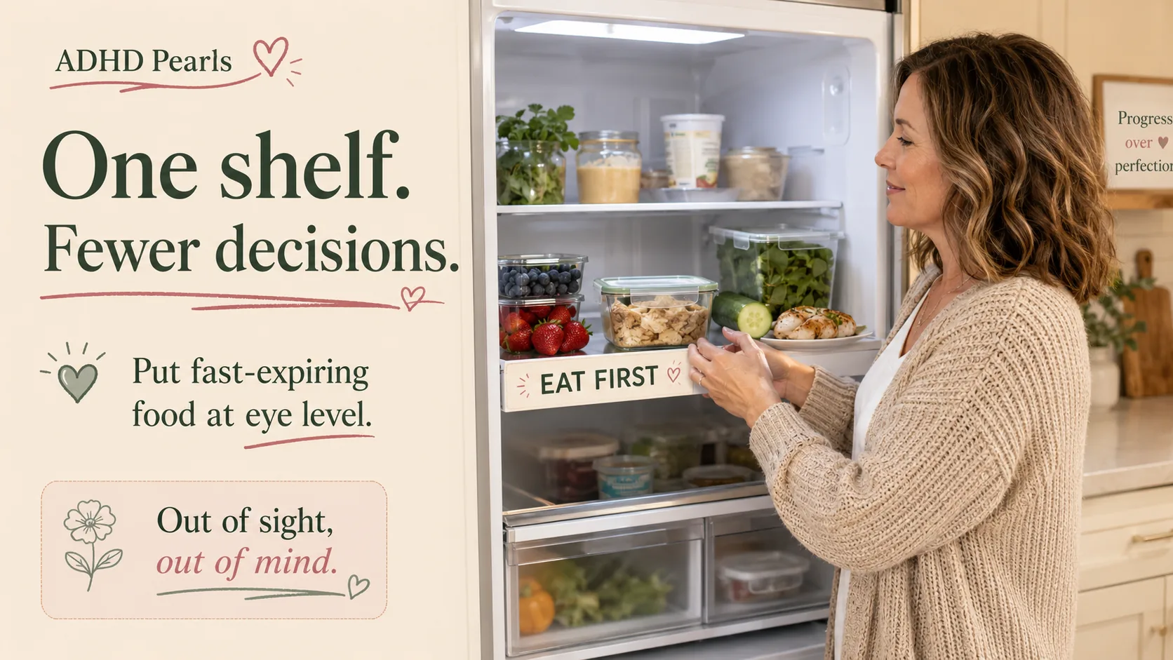 Open fridge with an eye-level eat-first shelf for fast-expiring foods, showing an ADHD-friendly fridge system that reduces forgotten food.