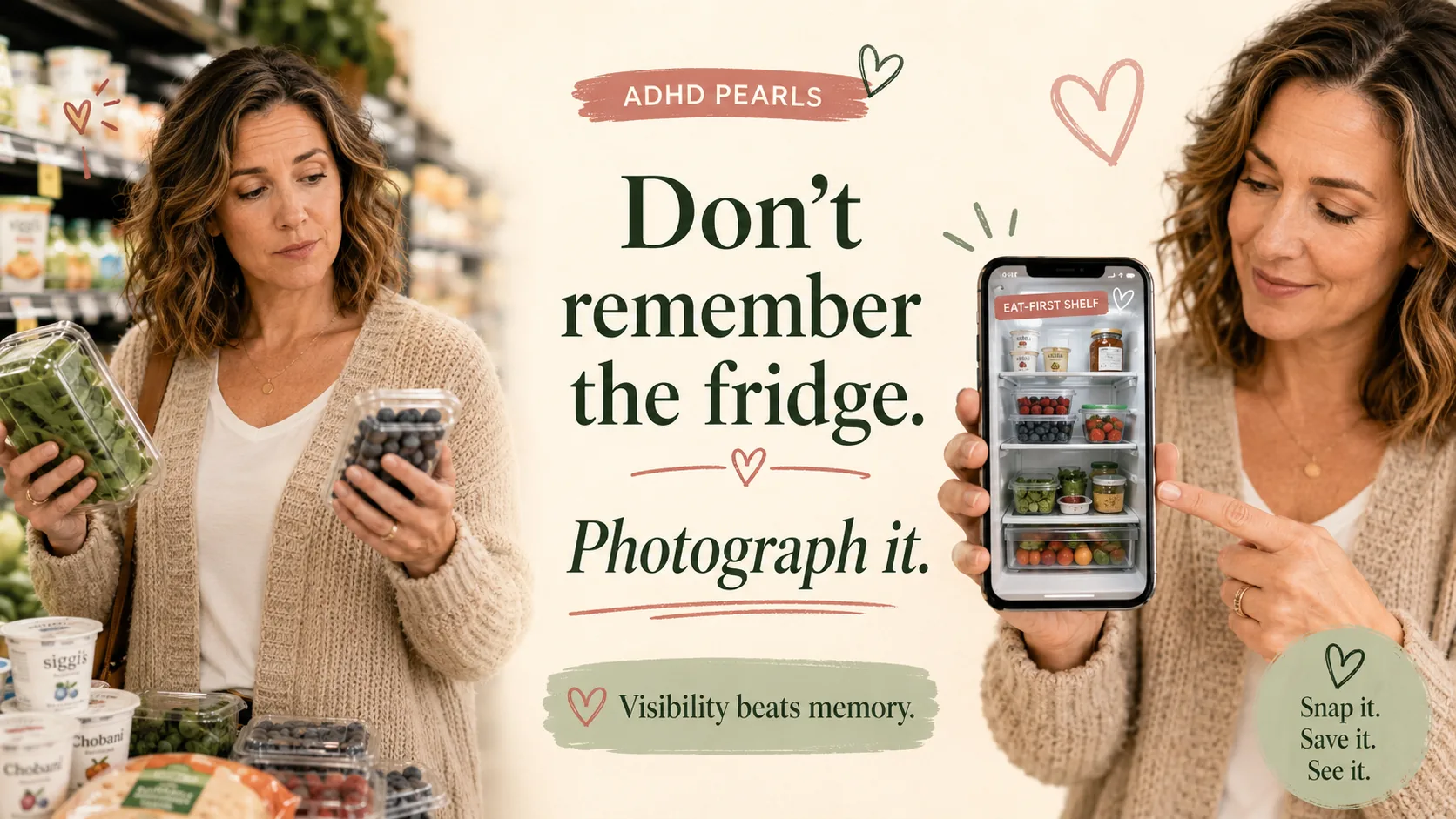 Woman with ADHD grocery shopping while checking a phone photo of her fridge, showing how photographing the fridge prevents buying food she already has.