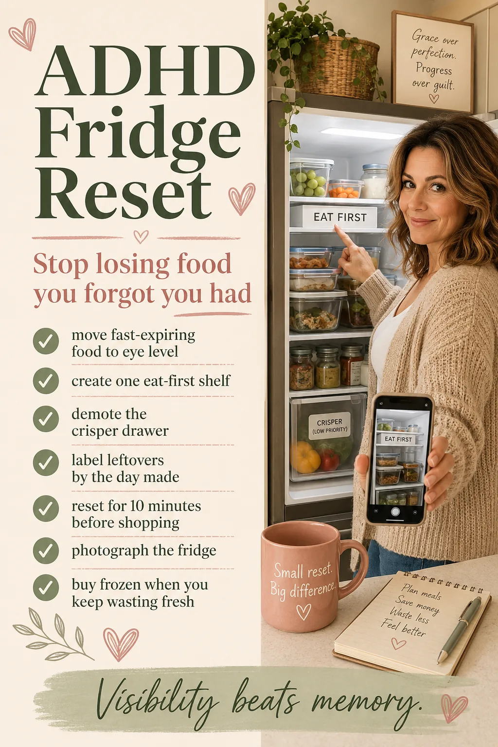Pinterest pin for an ADHD fridge reset with tips like moving fast-expiring food to eye level, creating an eat-first shelf, demoting the crisper drawer, labelling leftovers by the day made, resetting for ten minutes before shopping, photographing the fridge, and buying frozen when fresh keeps getting wasted.