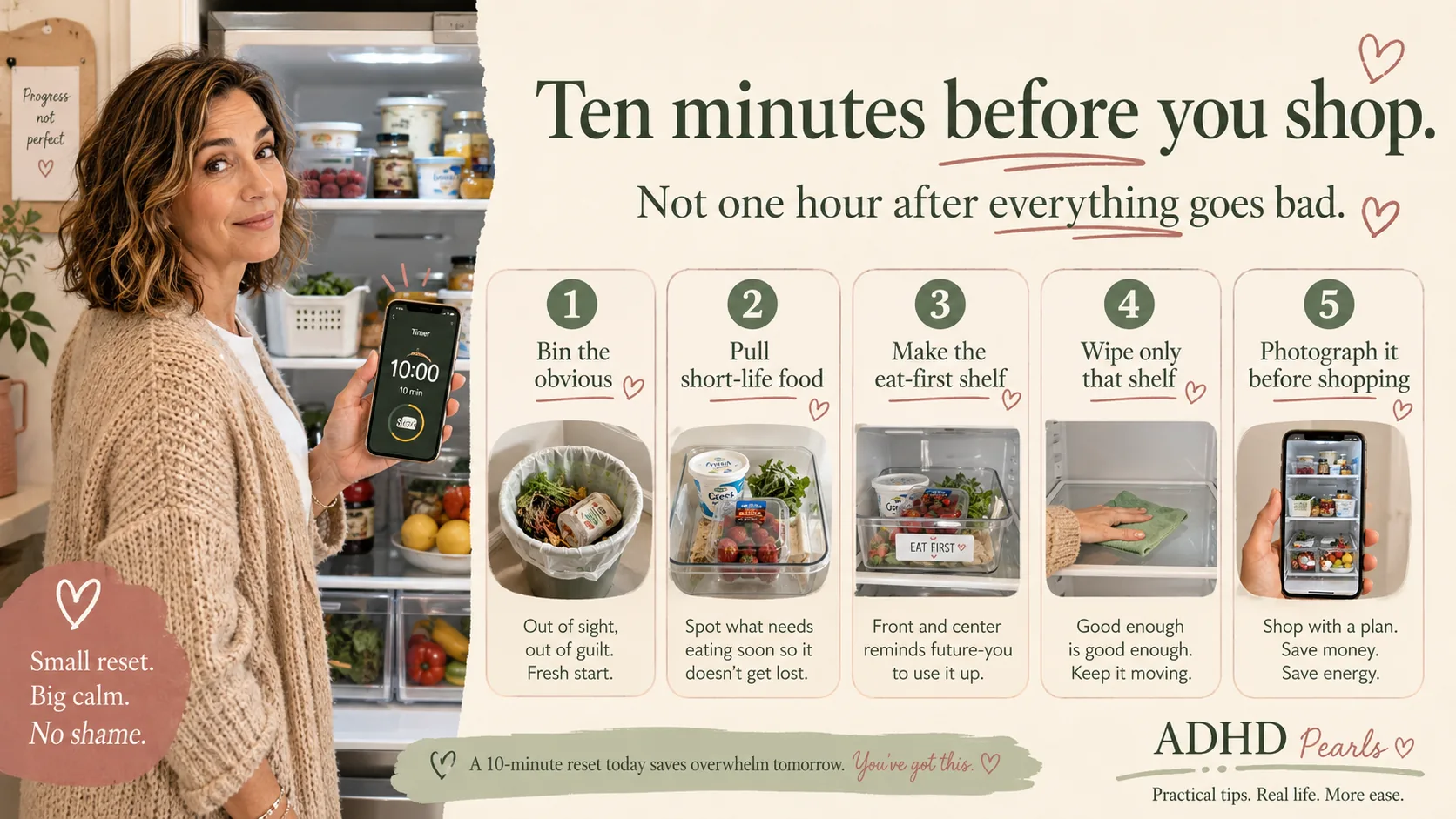 ADHD fridge reset infographic showing a ten-minute pre-shopping reset: bin the obvious, pull short-life food, make the eat-first shelf, wipe only that shelf, and photograph it before shopping.