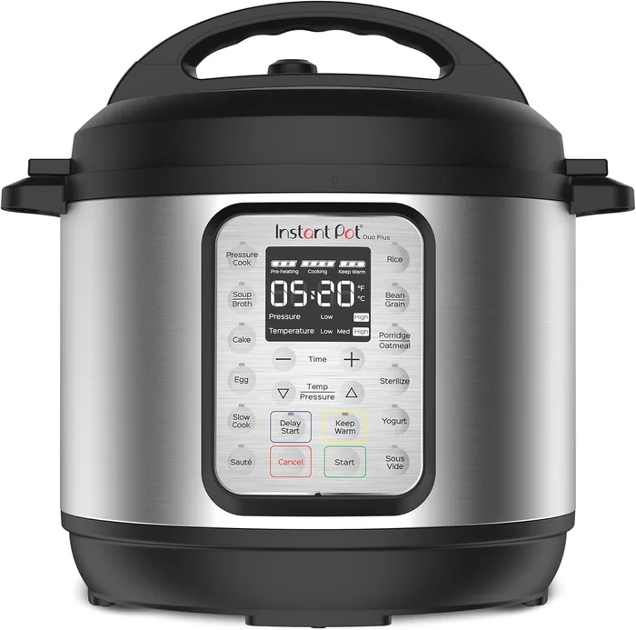 A stainless steel multicooker with a digital control panel and preset cooking buttons.