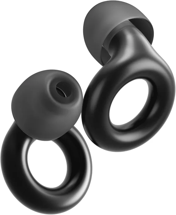 A pair of black filtered loop earplugs with a soft silicone ear tip.