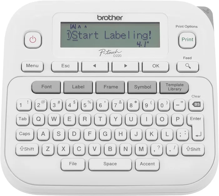 A white handheld label maker with a QWERTY keyboard and a small screen reading Start Labeling.