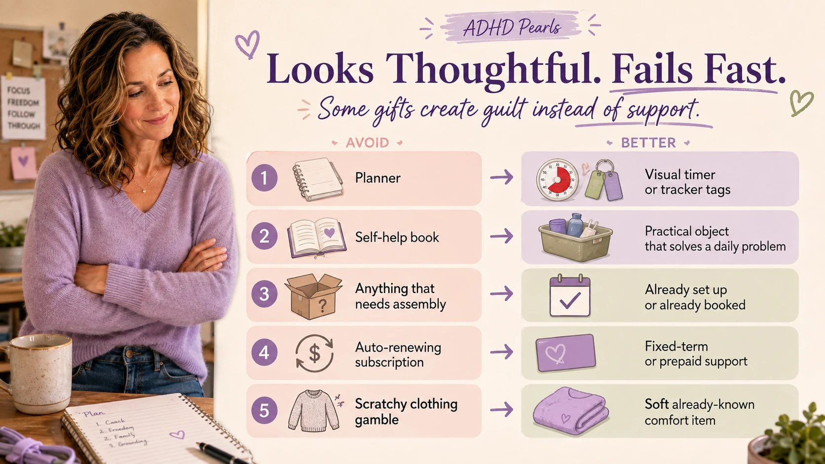 ADHD gift guide infographic pairing five gifts to avoid - planner, self-help book, anything needing assembly, auto-renewing subscription, scratchy clothing - with a better alternative for each.