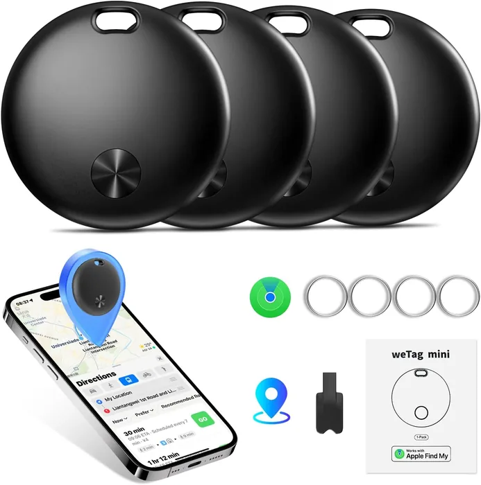 A four-pack of round black Bluetooth tracker tags that work with Apple Find My, shown with keyrings and a phone displaying a map.