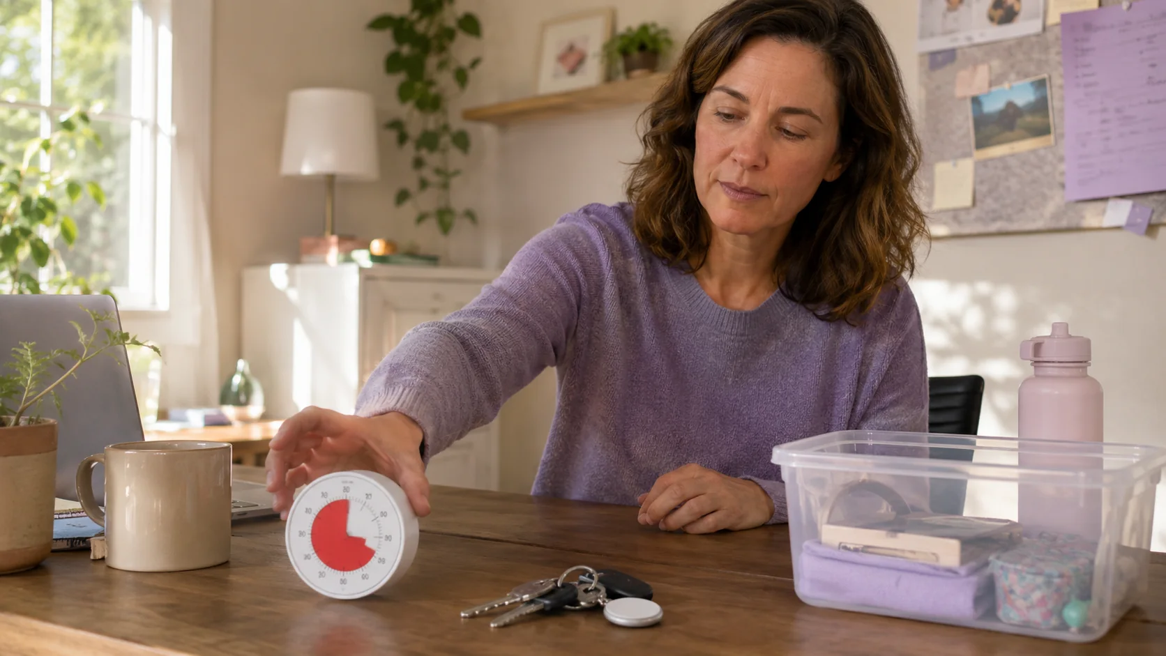 Woman with ADHD reaching for a visual countdown timer at a home desk, with keys, a tracking disc and a clear storage bin nearby.