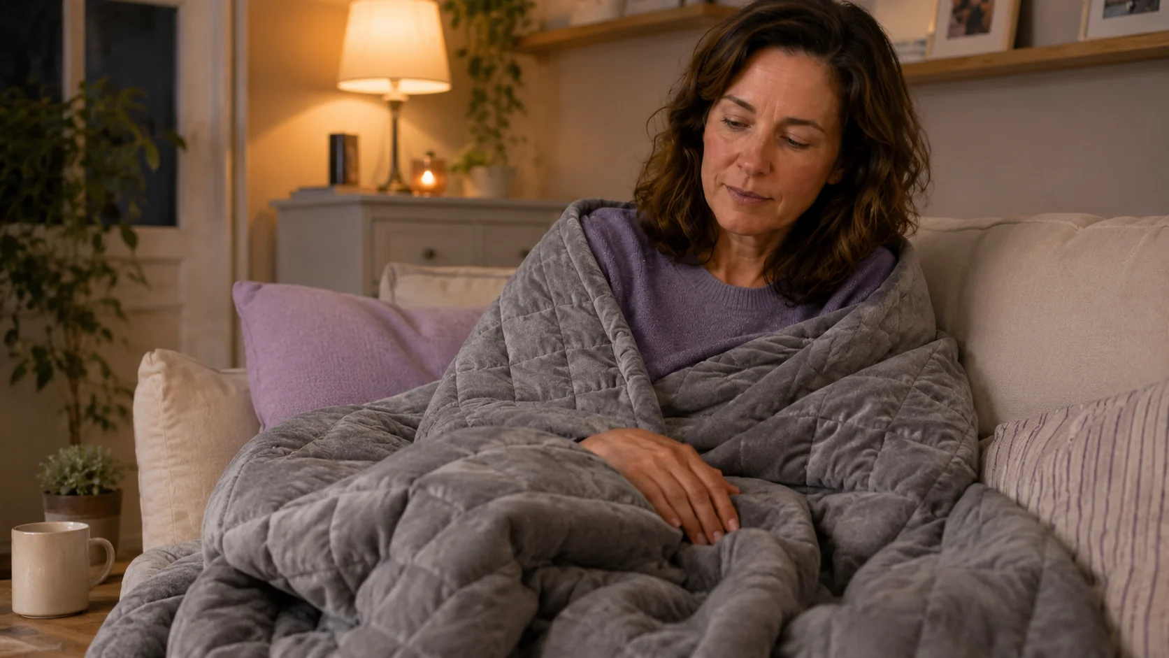 Woman with ADHD resting on a sofa under a heavy grey weighted blanket in the evening, lamp lit, winding down.