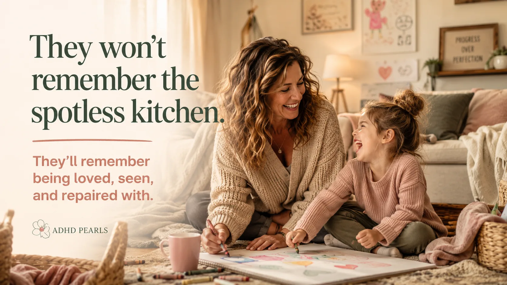 Mother with ADHD laughing and drawing with her child in a cozy home, showing that children remember love, connection, and repair more than a spotless kitchen.