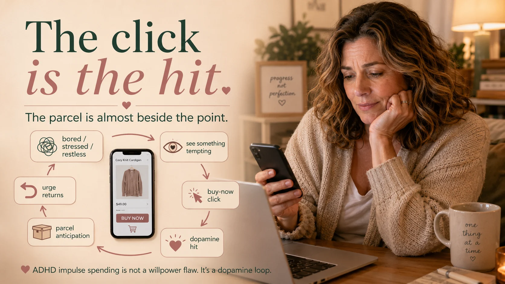 ADHD impulse spending loop showing boredom or stress leading to a tempting product, buy-now click, dopamine hit, parcel anticipation, and the urge returning.