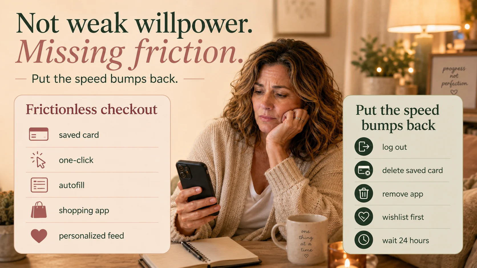 Infographic explaining ADHD impulse spending as missing friction, comparing saved cards, one-click checkout, autofill, shopping apps, and personalized feeds with speed bumps like logging out, deleting saved cards, removing apps, wishlisting first, and waiting 24 hours.