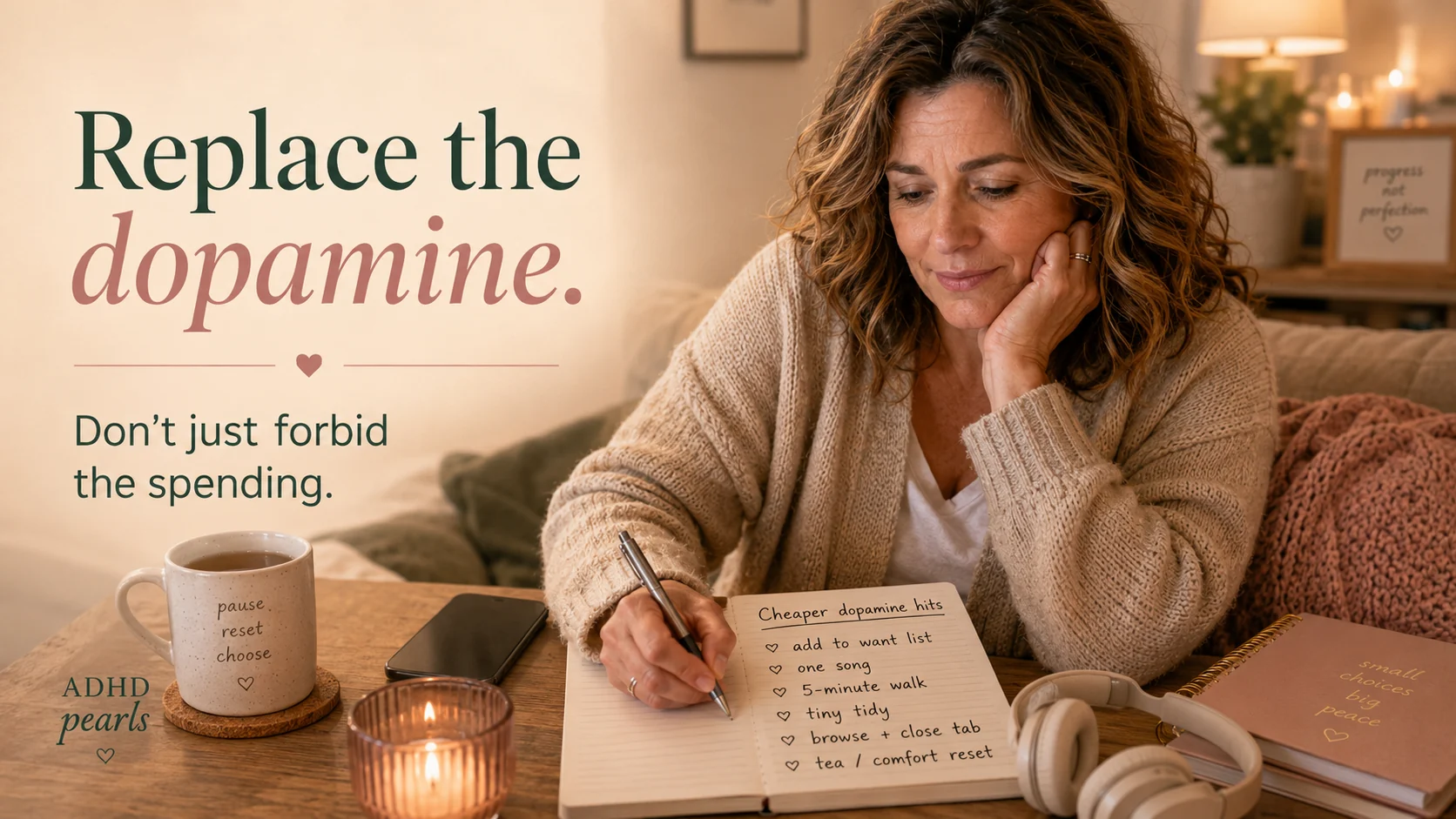 Woman with ADHD writing a cheaper dopamine hits list instead of impulse shopping, with options like adding to a want list, listening to one song, taking a 5-minute walk, doing a tiny tidy, closing the tab, or making tea.