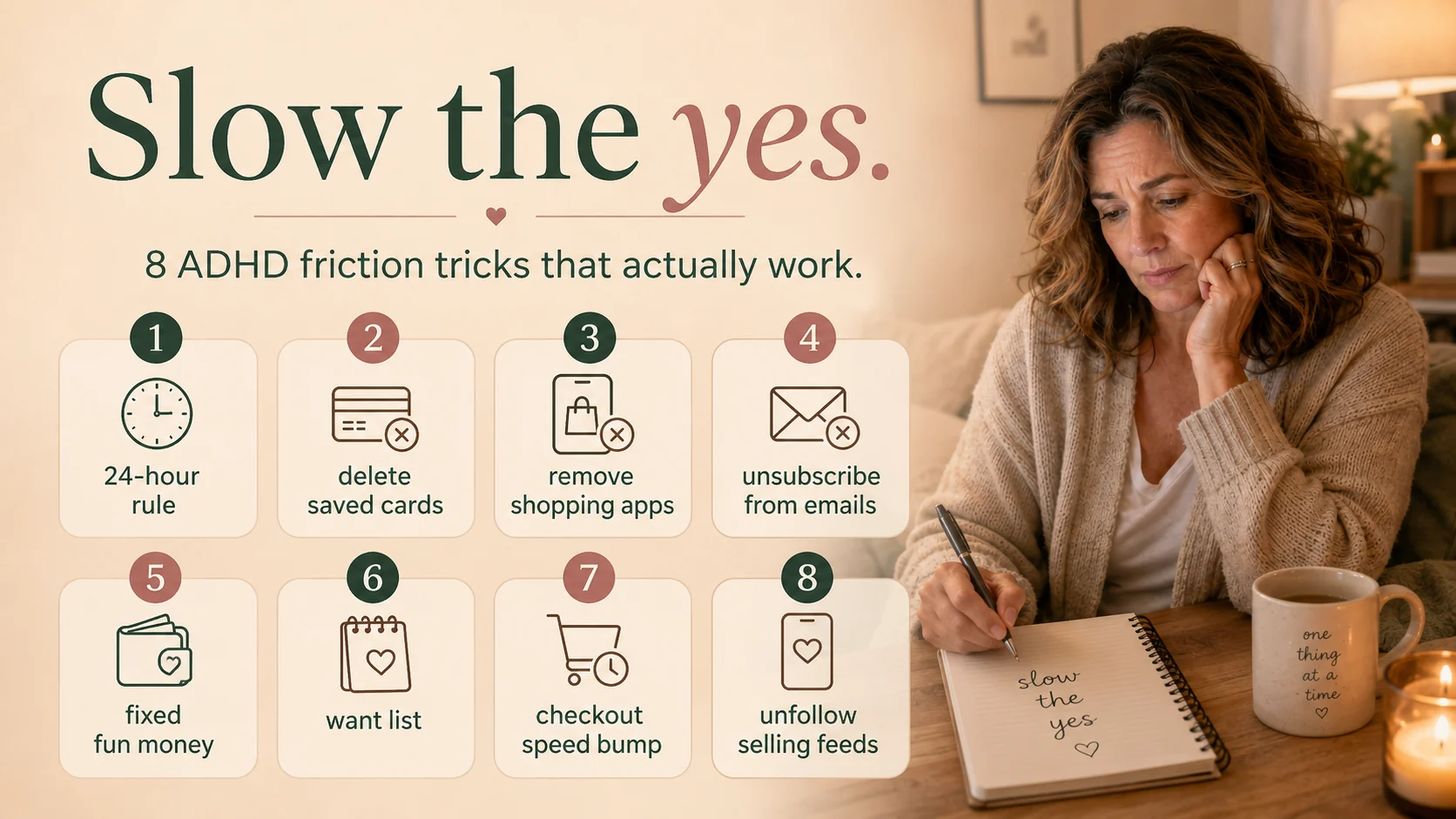 ADHD impulse spending infographic showing eight friction tricks including the 24-hour rule, deleting saved cards, removing shopping apps, unsubscribing from emails, fixed fun money, want list, checkout speed bump, and unfollowing selling feeds.