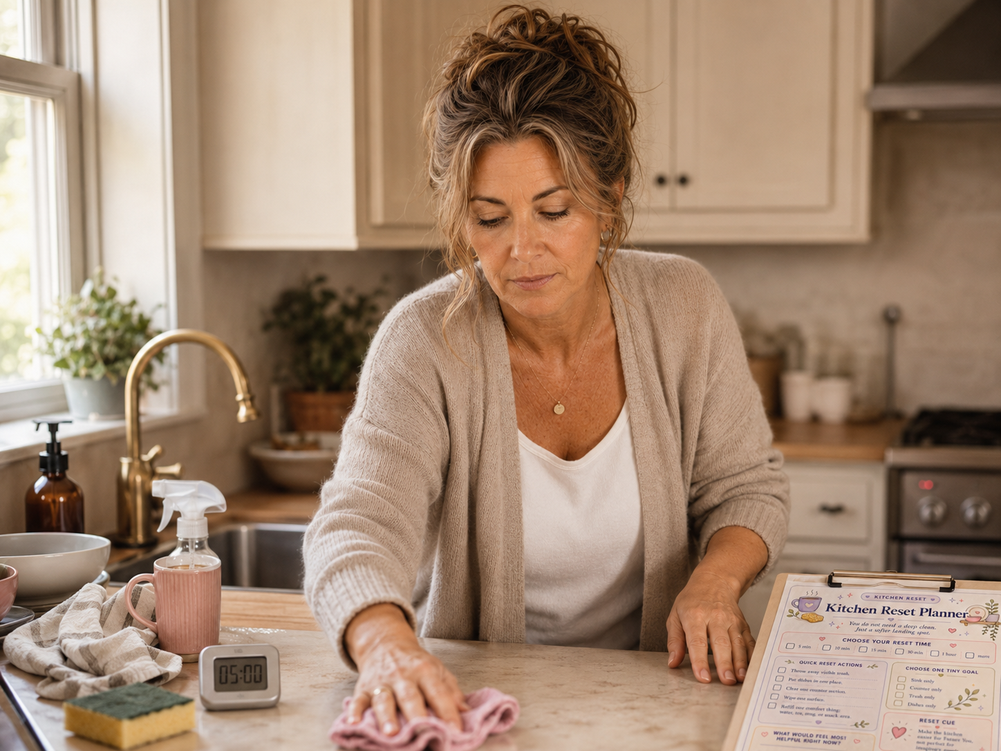 Michelle wiping a kitchen counter with a five-minute timer and ADHD kitchen reset planner nearby.