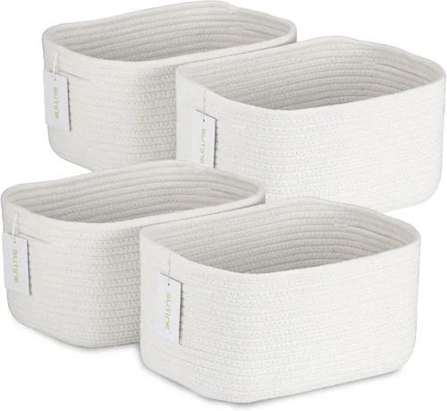 Set of four open cotton rope storage baskets used as no-fold bins for socks, underwear, pyjamas and t-shirts.
