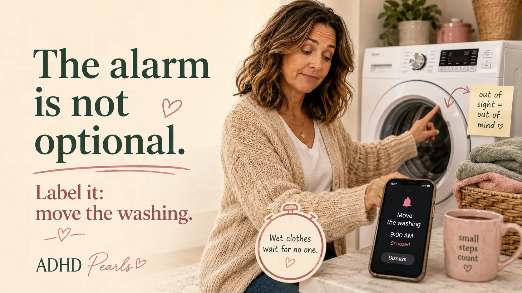 Woman with ADHD beside a washing machine using a clearly labelled phone alarm that says move the washing, so a wet load is not forgotten.