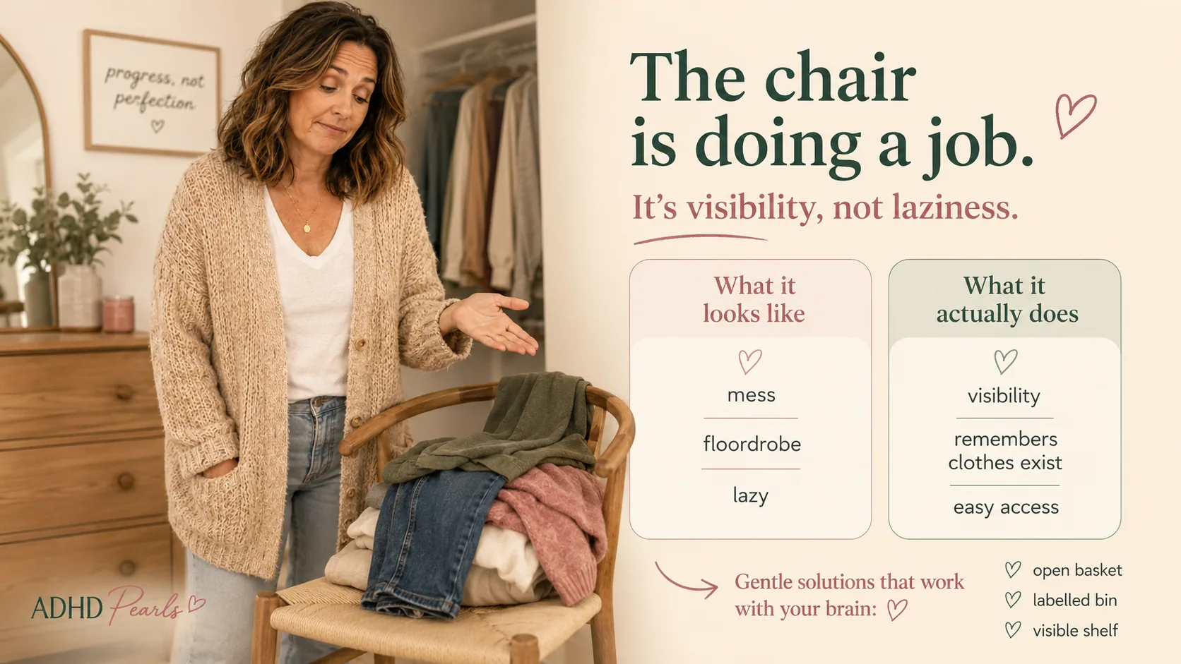 ADHD laundry infographic showing that a chair full of clean clothes may function as a visibility system rather than laziness, with alternatives like open baskets, labelled bins, and visible shelves.