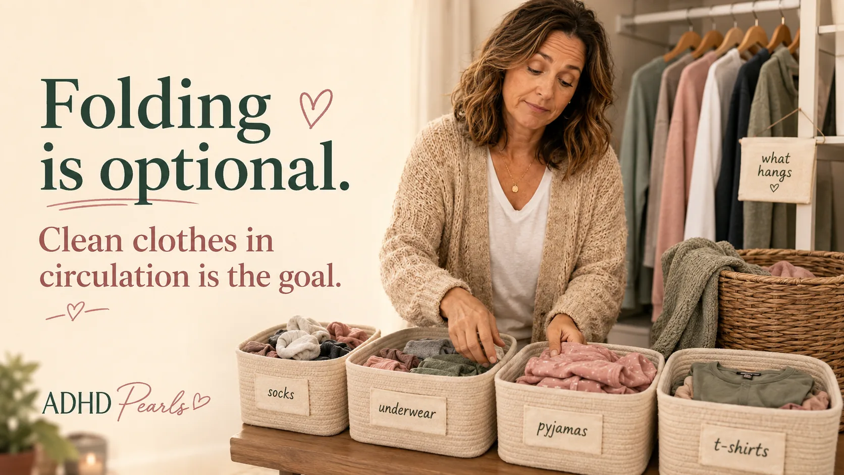 Woman with ADHD putting clean laundry into labelled open bins instead of folding, showing a low-friction system that keeps clothes in circulation.