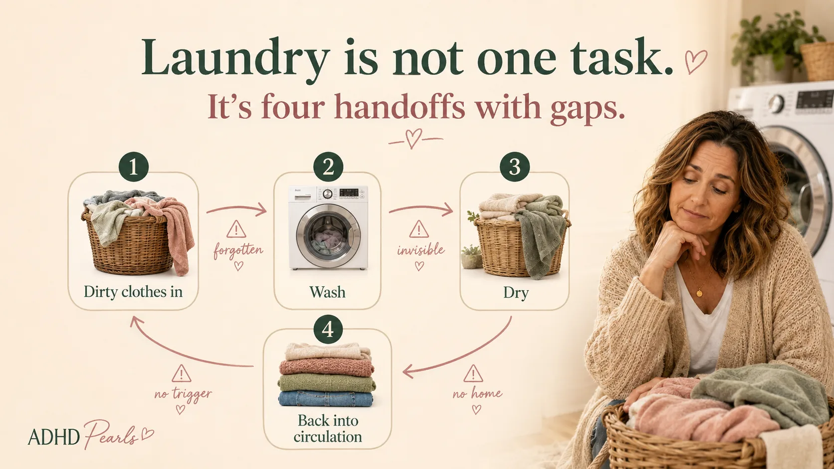 ADHD laundry infographic showing the four-step laundry circuit - dirty clothes in, wash, dry, and back into circulation - with the risk points where the process often breaks down.
