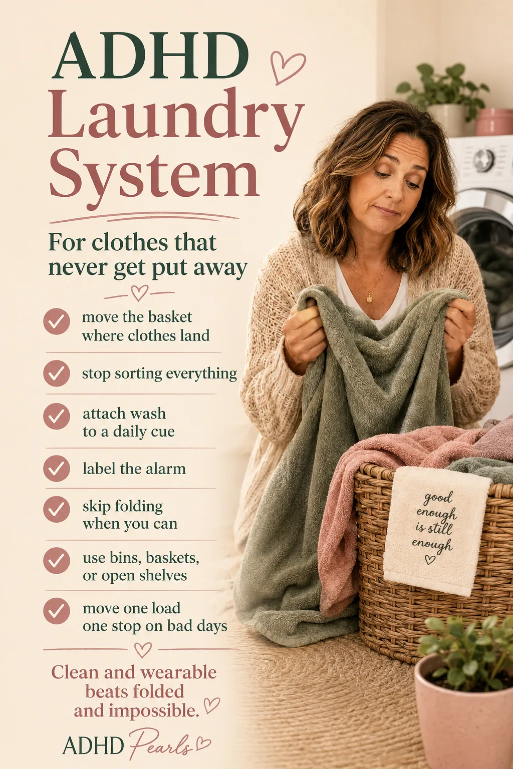 Pinterest pin for an ADHD laundry system with tips like moving the basket where clothes land, attaching the wash to a daily cue, labelling the alarm, skipping folding, using bins or open shelves, and moving one load one stop on bad days.