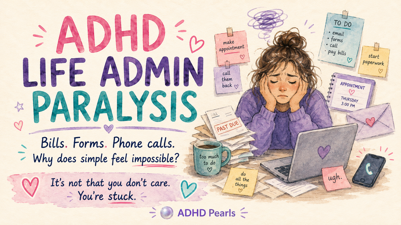 ADHD life admin paralysis illustration showing overwhelm with bills, forms, phone calls, and appointments