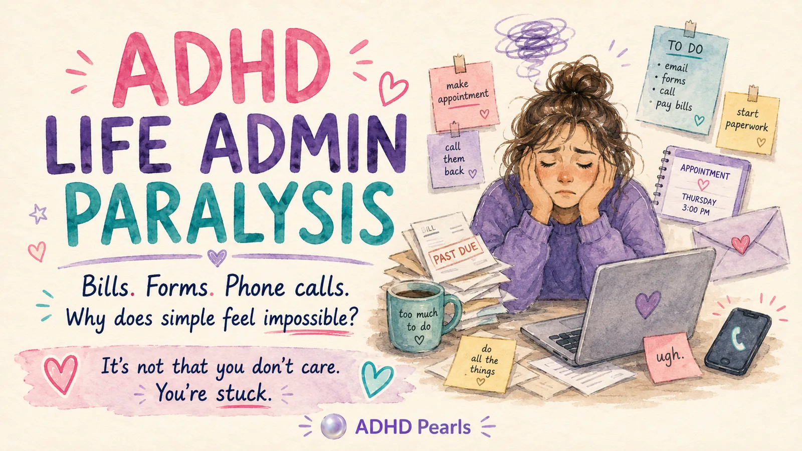 ADHD life admin paralysis illustration showing overwhelm with bills, forms, phone calls, and appointments