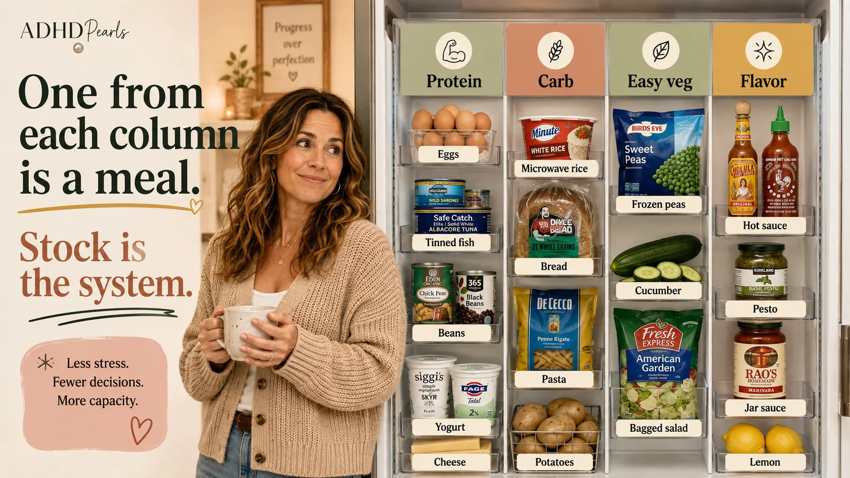 ADHD fallback pantry system showing easy meal building blocks sorted into protein, carb, easy vegetables, and flavor columns.
