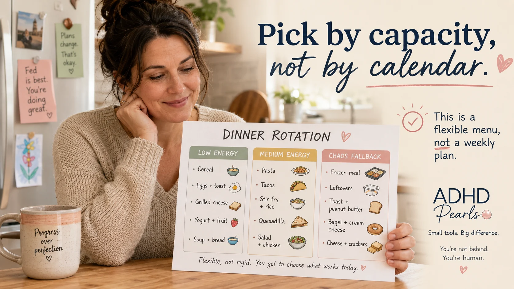 Woman with ADHD holding a flexible dinner rotation list sorted by low energy, medium energy, and chaos fallback meals.