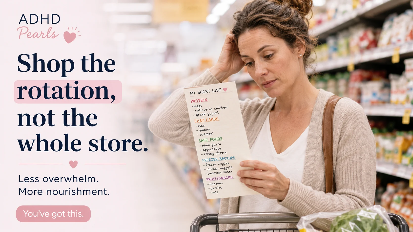 Woman with ADHD in a grocery store using a short reusable shopping list instead of trying to decide from the whole store.