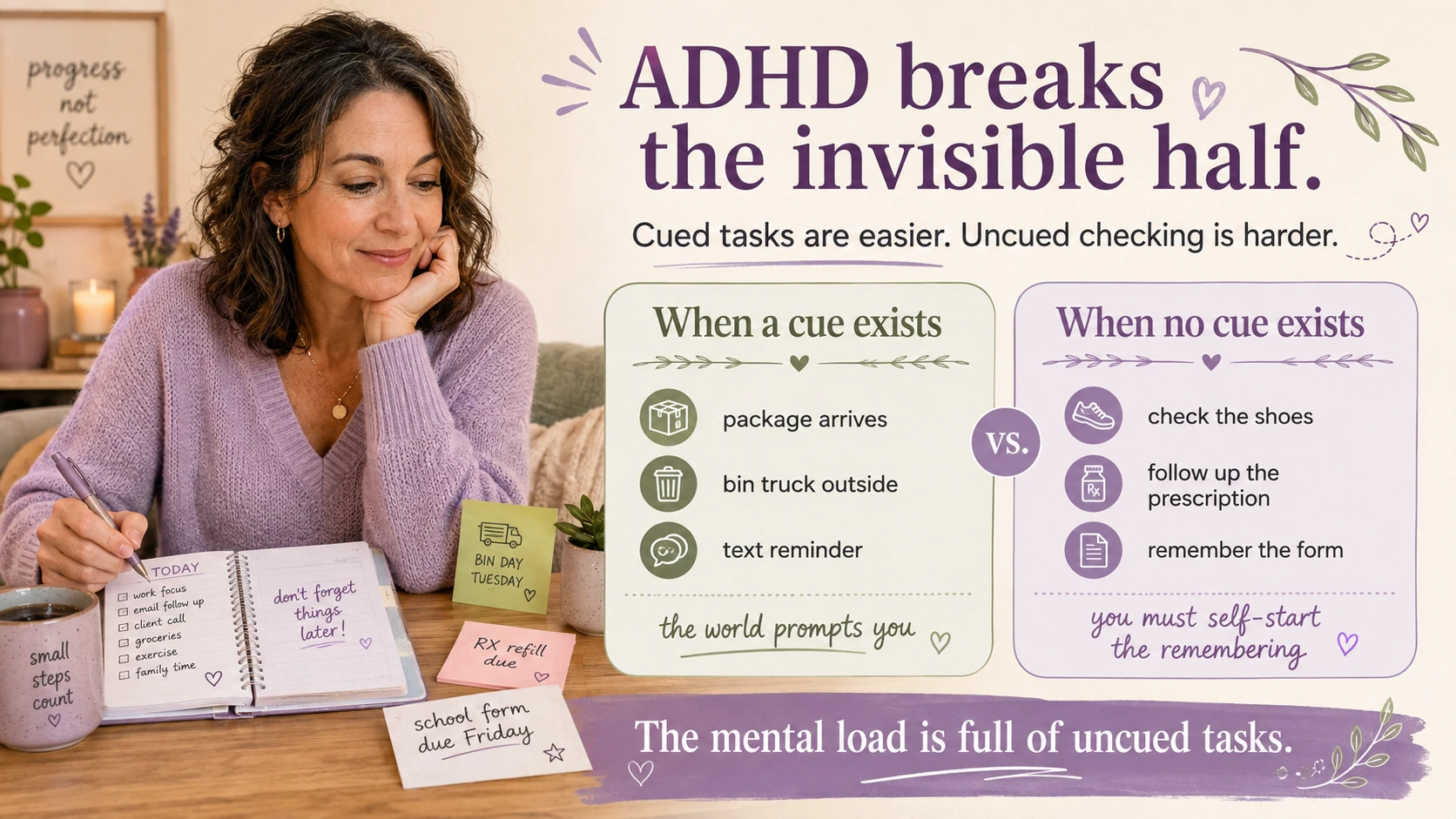 ADHD infographic comparing tasks with external cues to uncued mental load tasks that require remembering to check something later.
