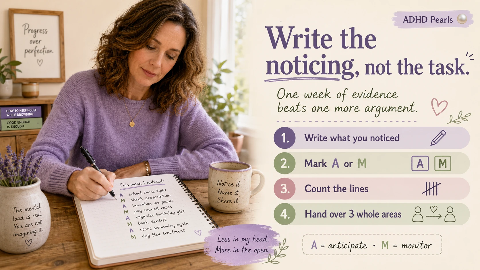 Woman with ADHD writing down invisible mental load moments and marking each one A for anticipate or M for monitor.
