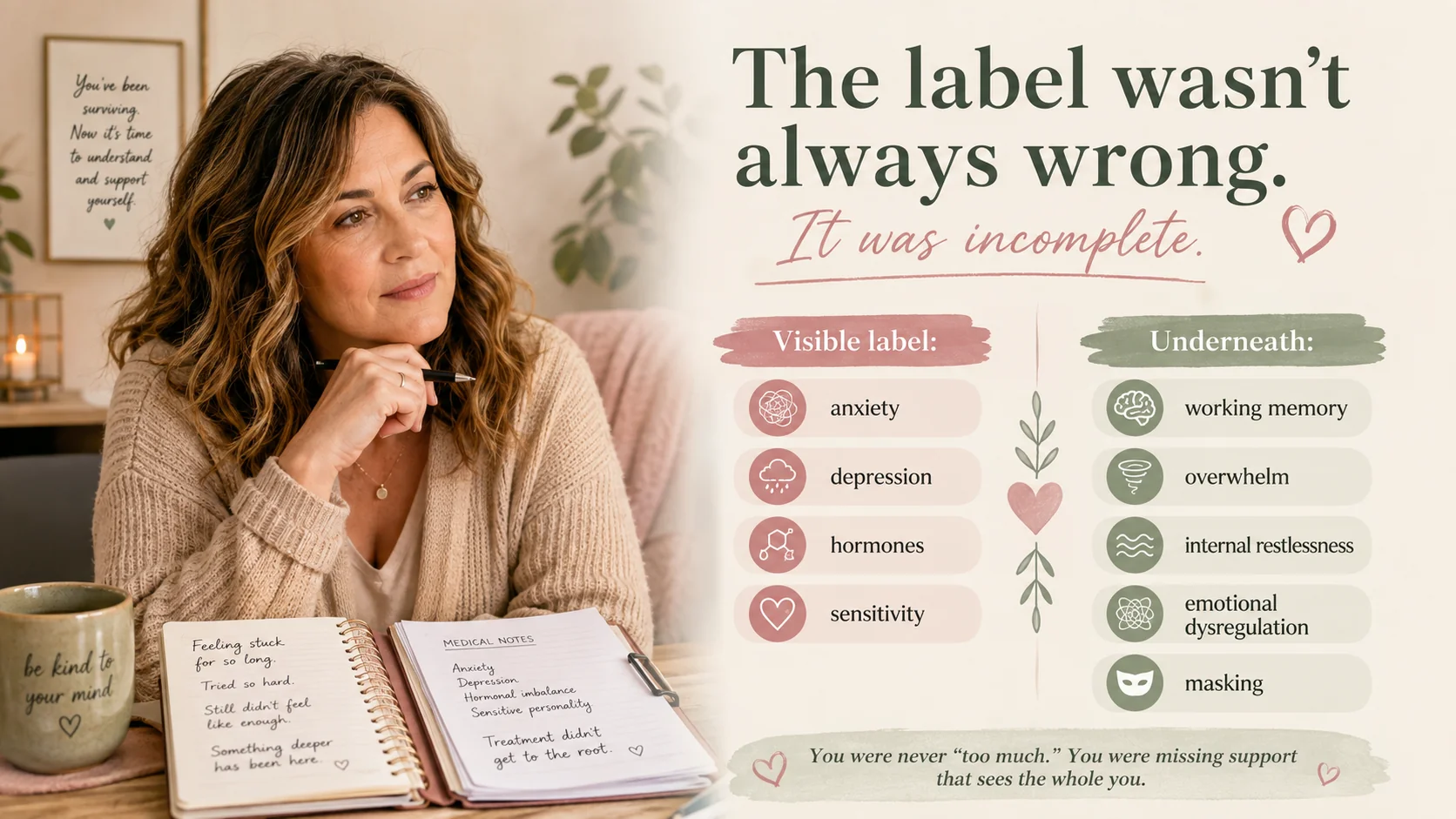 Infographic explaining how ADHD in women may be mislabeled as anxiety, depression, hormones, or sensitivity while underlying ADHD patterns like working memory issues, overwhelm, internal restlessness, emotional dysregulation, and masking remain unseen.