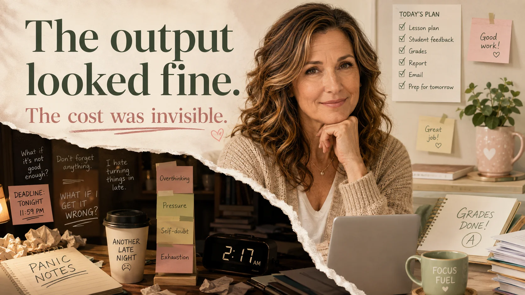 Late-diagnosed ADHD woman appearing successful on the outside while hidden notes show panic, pressure, overthinking, exhaustion, and the invisible cost of masking.