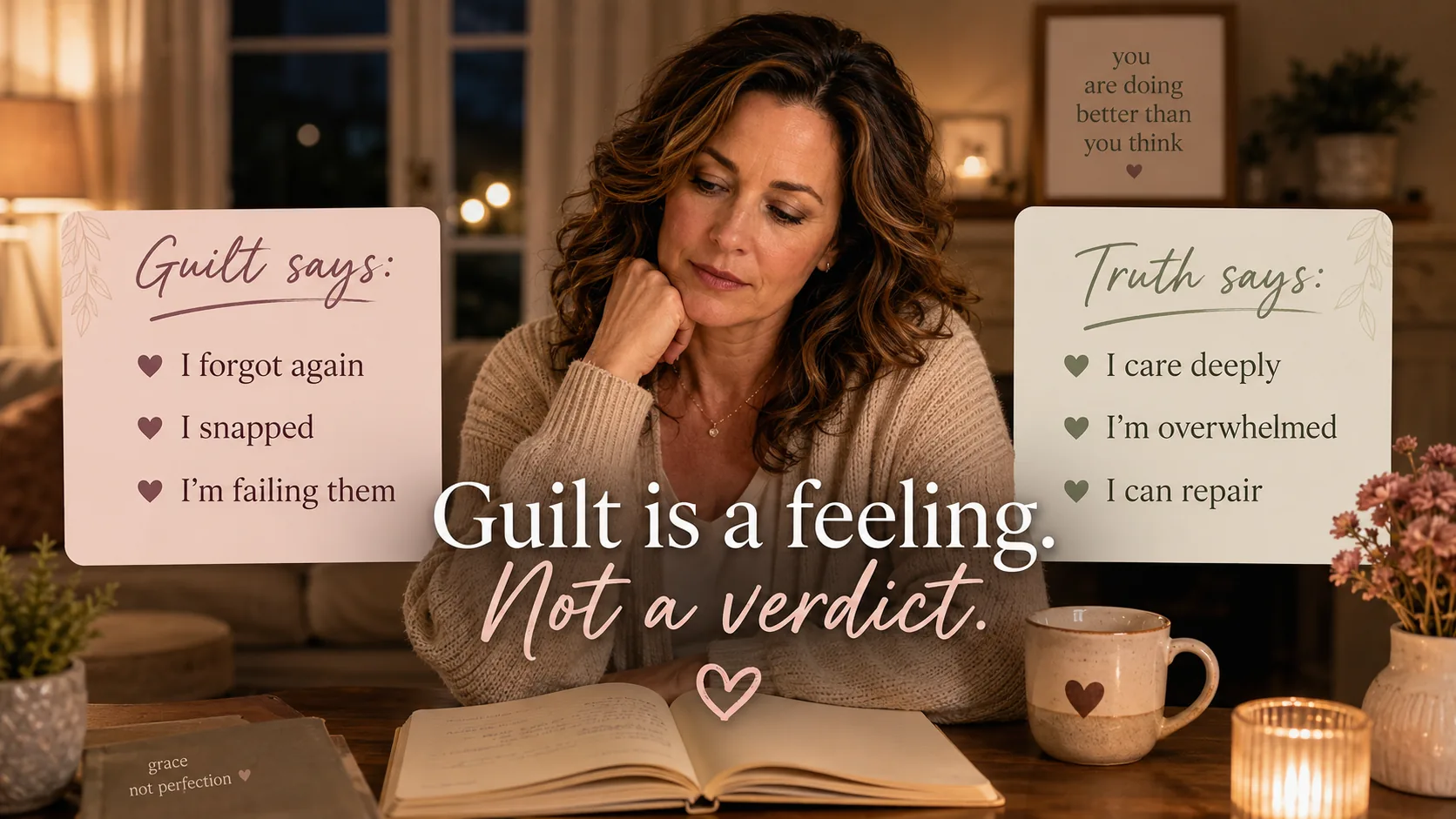 Mother with ADHD reflecting at night beside cards that compare guilty thoughts with more compassionate truths, showing that guilt is a feeling, not a verdict.