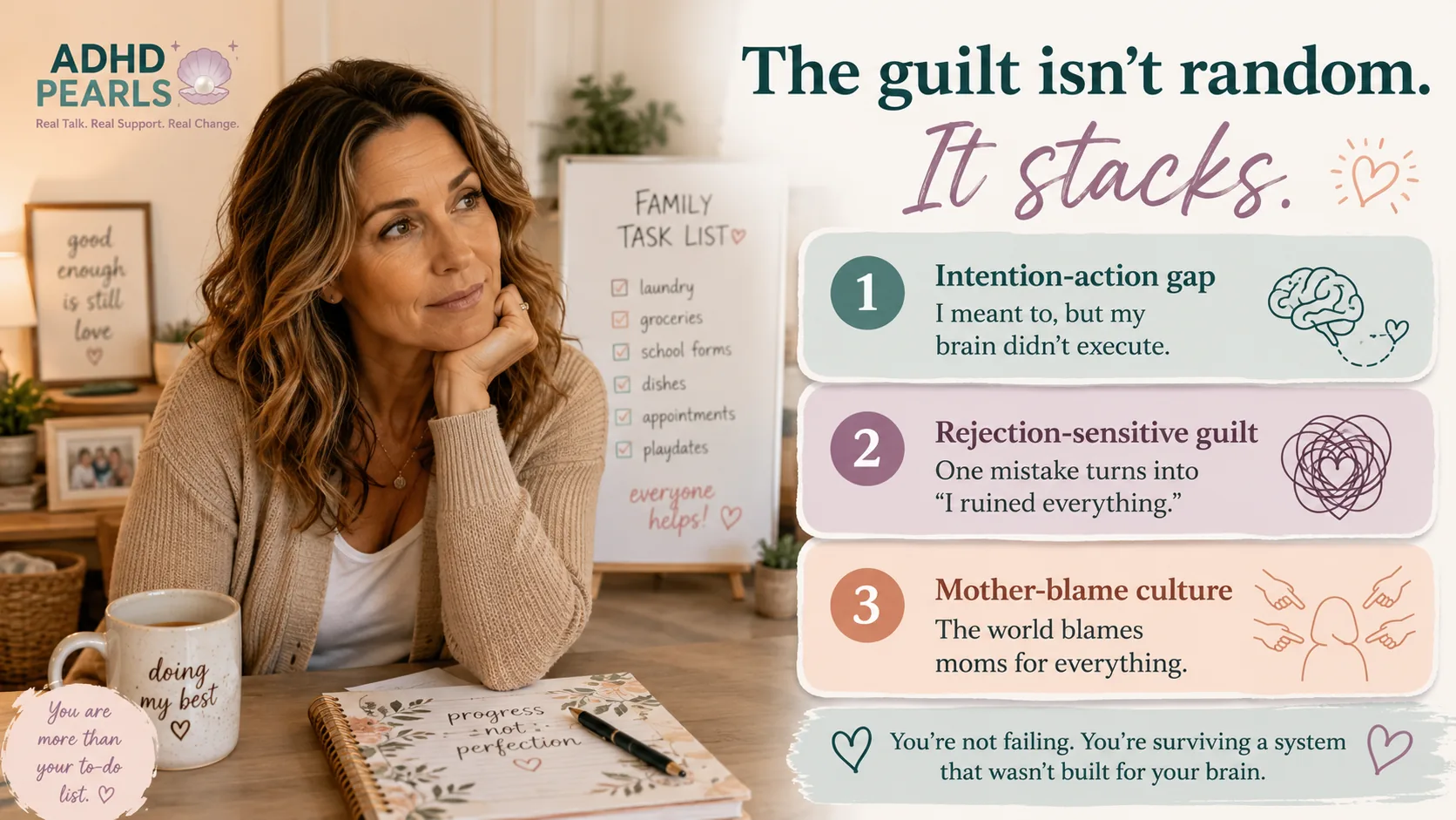 ADHD mom guilt infographic showing how guilt can stack from the intention-action gap, rejection-sensitive guilt, and mother-blame culture.