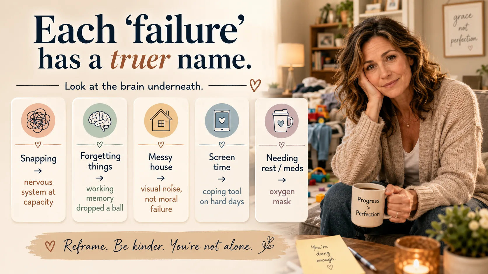 ADHD mom guilt trigger reframe infographic showing that snapping can mean nervous system overload, forgetting can mean working memory dropped a ball, messy house is not moral failure, screen time can be a tool, and needing rest or medication is an oxygen mask.