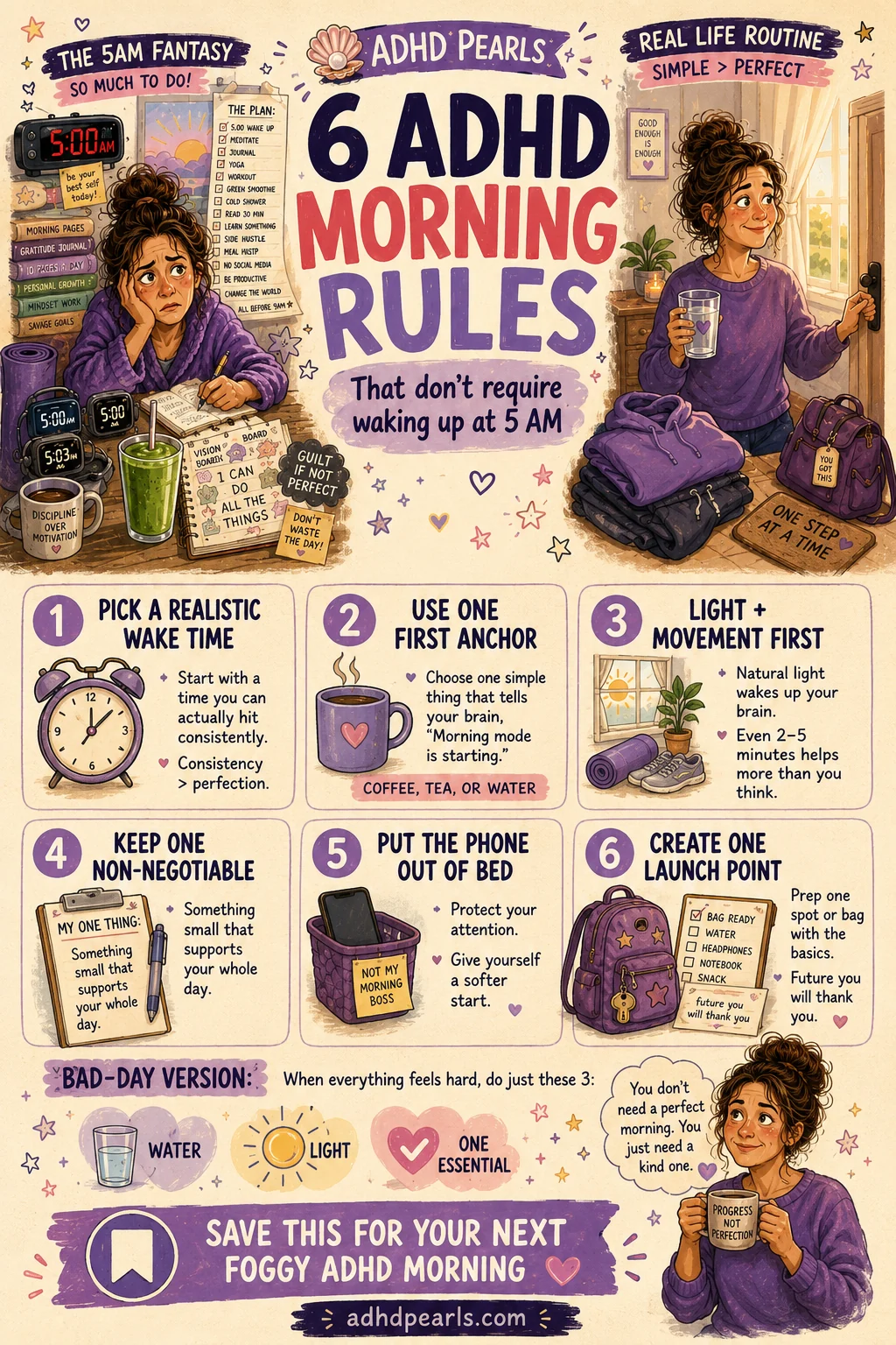 Vertical Pinterest guide with six realistic ADHD morning rules and a three-step bad-day routine.