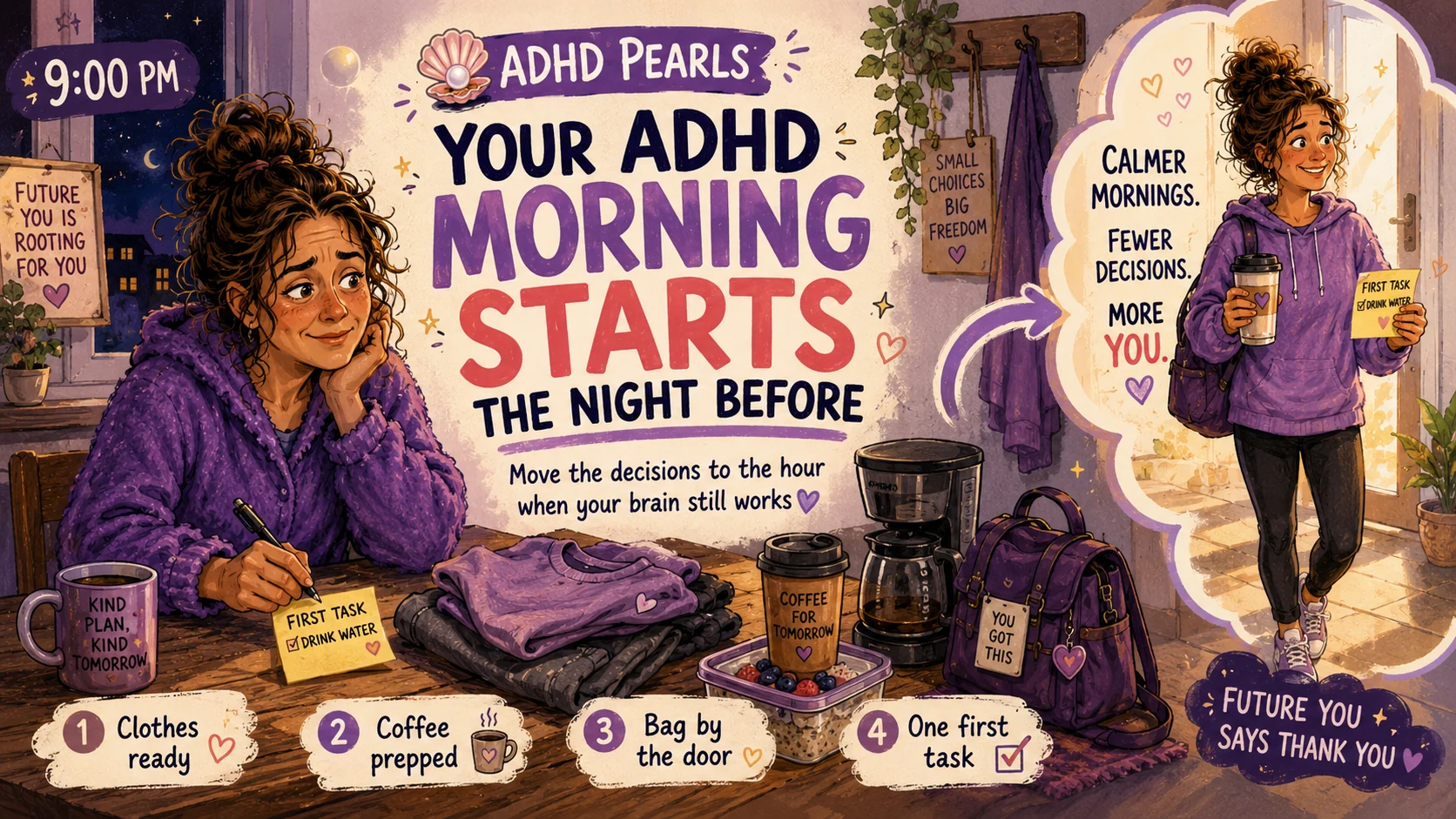 Woman preparing clothes, coffee, a packed bag and one first task the night before to reduce ADHD morning decisions.