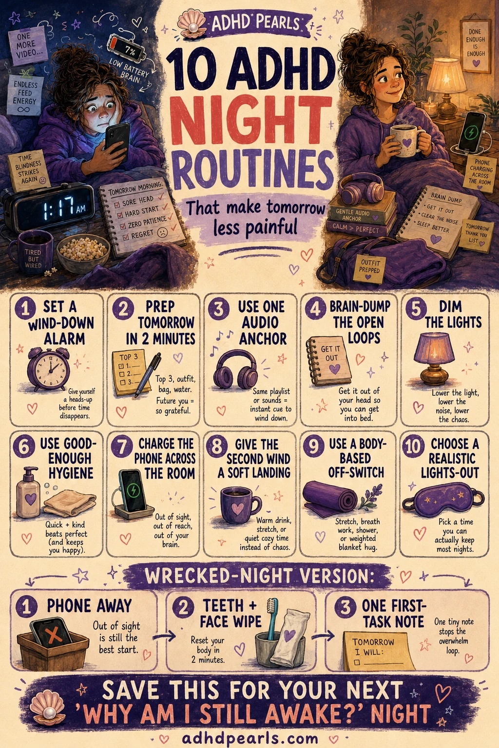 Vertical Pinterest guide to ten ADHD night routines and a three-step wrecked-night routine for difficult evenings.