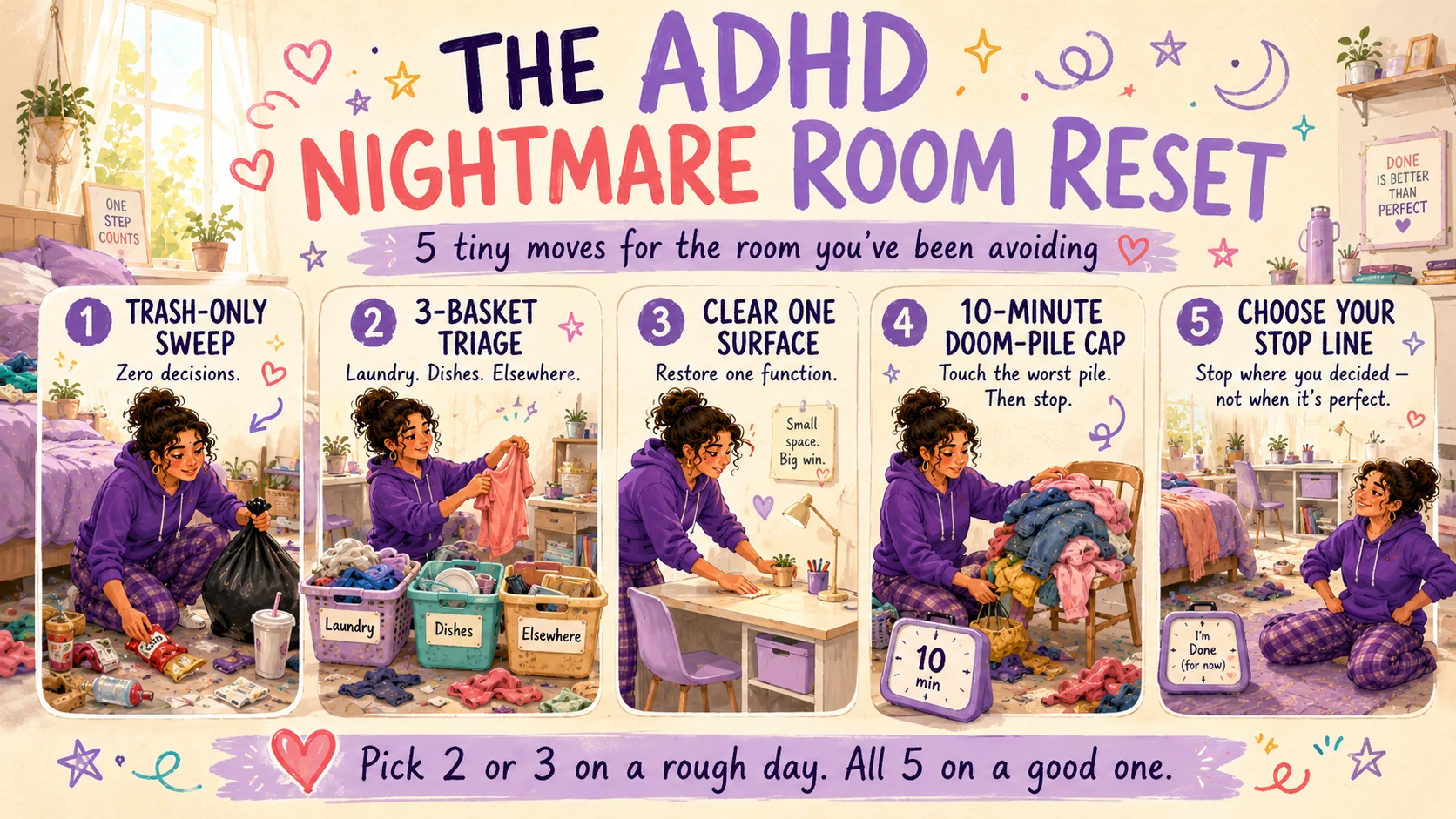 Five-step ADHD room reset using a trash-only sweep, three baskets, one cleared surface, a timed doom pile and a pre-decided stop line.