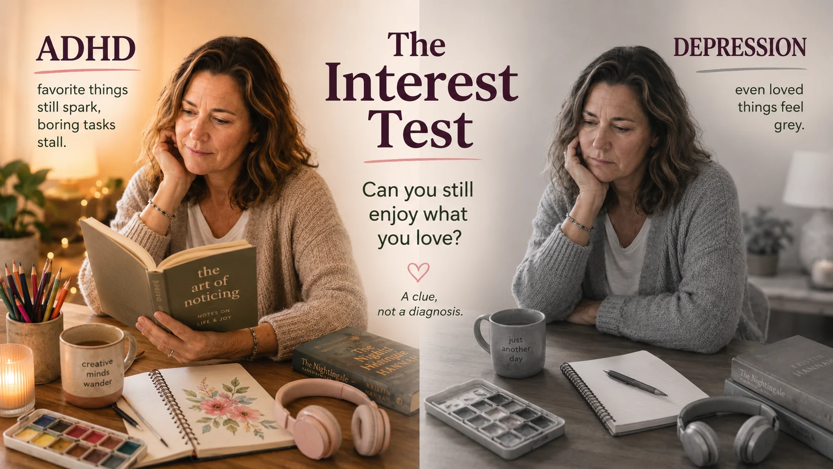 Split image showing the interest test for ADHD versus depression, with one side showing interest still sparking and the other showing loved things feeling grey and flat.