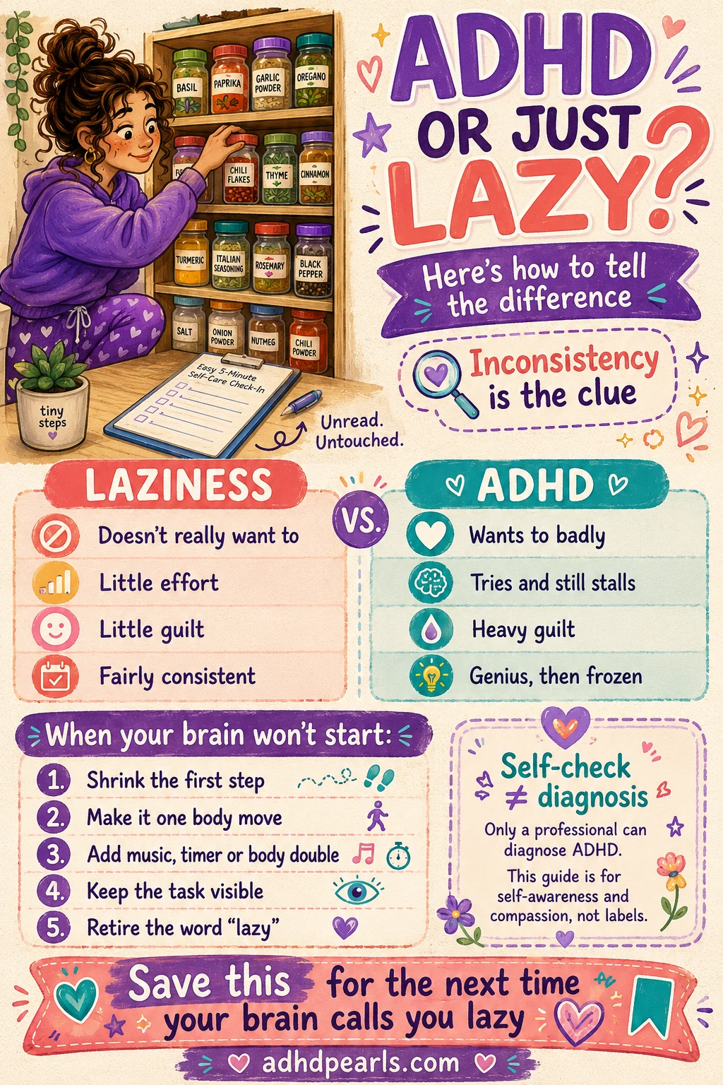 Vertical Pinterest guide comparing laziness and ADHD and showing five strategies for starting when the brain will not activate.