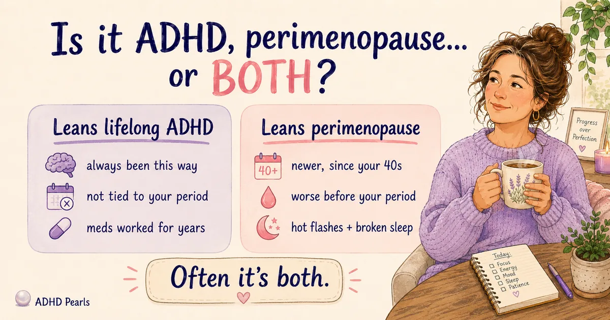 Side-by-side comparison of signs that lean toward lifelong ADHD versus perimenopause