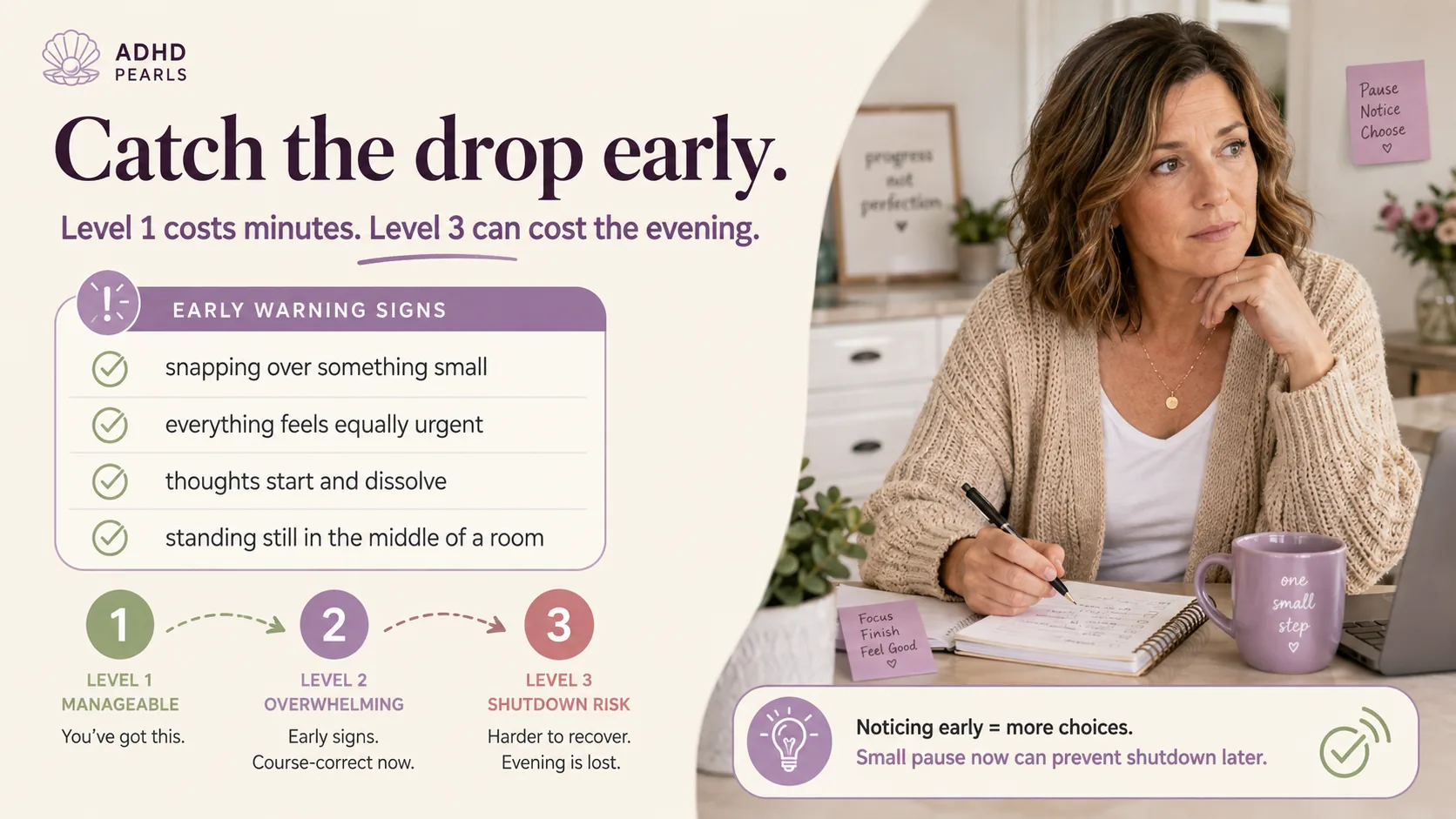 Woman with ADHD noticing early signs of overwhelm such as snapping, urgency, dissolving thoughts, and standing still in the middle of a room.