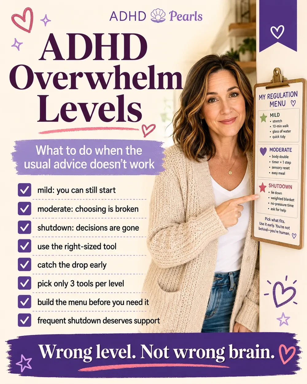 Pinterest pin about ADHD overwhelm levels explaining mild, moderate, and shutdown states, and how to choose the right-sized regulation tool.