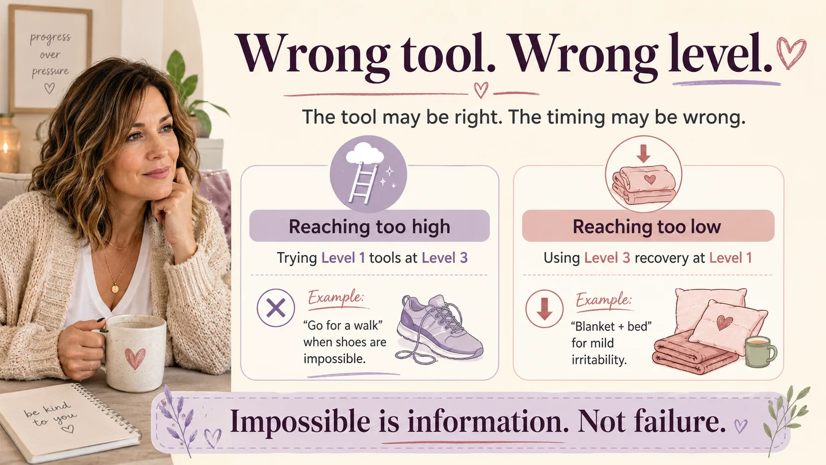 ADHD overwhelm infographic showing that a coping tool can be right but used at the wrong level, such as trying to go for a walk during shutdown.